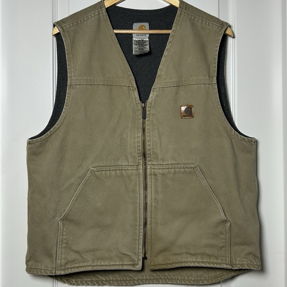 Carhartt Vintage Made in USA V19 Sandstone Duck Canvas Fleece Lined Zip Vest